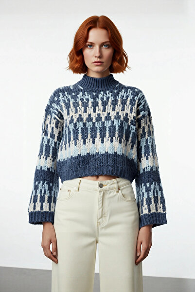 PayBuy Women's Ethnic Patterned Oversized Stand Collar Low Sleeve Thick Crop Knitwear Sweater Winter Casual Chic