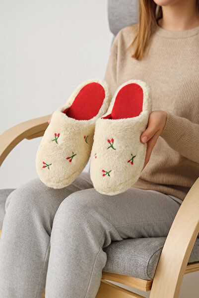 Beyond Women's Cream Cherry Embroidered Plush House Slippers Byndfkb02