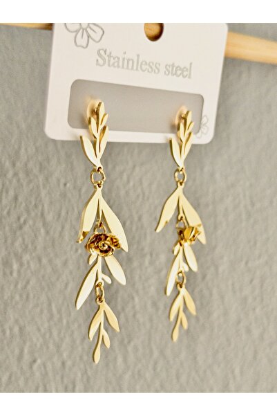 Siya Silver Kararmaz Çelik Yaprak ve Gül Detaylı Sallantılı Uzun Küpe - 5,5 cm