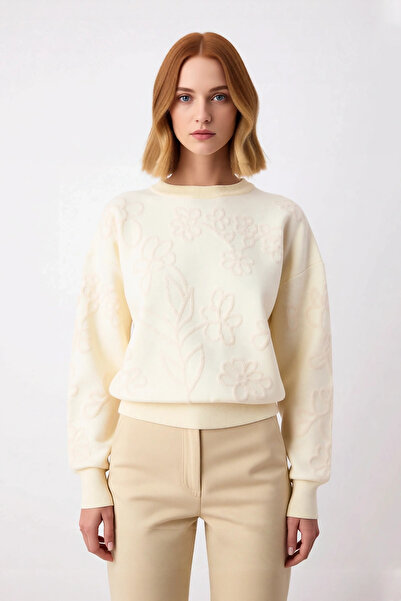 PayBuy Women's Ecru Regular Fit Crew Neck Floral Pattern Low Sleeve Knitwear Winter Sweater for Everyday Chic