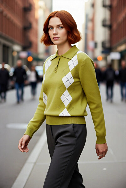 PayBuy Pulover tricotat cu model baklava pentru femei, cu guler polo, cu croiala obișnuită, alegerea confortabilă și modernă a eleganței de iarnă