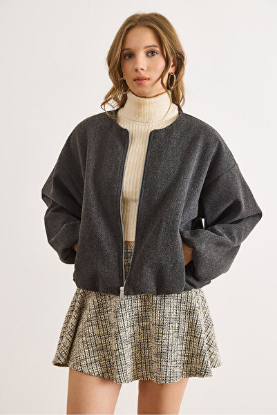 Olalook Kadın Füme Bisiklet Yaka Cepli Astarlı Kaşe Ceket CKT-19000489