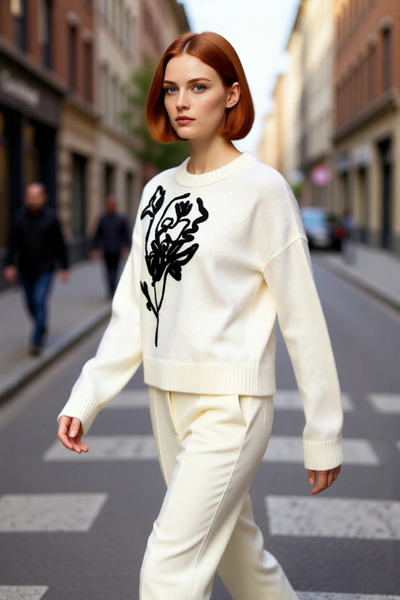 PayBuy Pulover de tricotat pentru femei, oversize, brodat, cu gât crew, cu mâ...