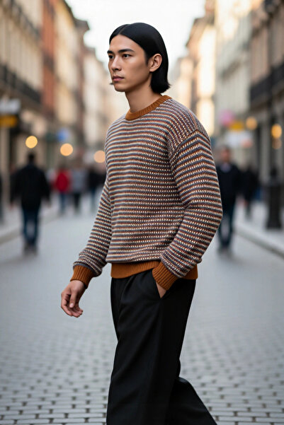 PayBuy Pulover pentru bărbați, cu croiala obișnuită, cu gâtul rotund, cu dung...