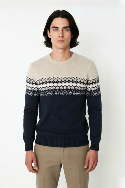PayBuy Men's Fitted Ethnic Patterned Crew Neck Knit Sweater Ideal for Winter Days a Stylish and Comfortable One