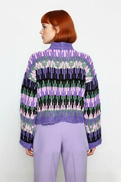 PayBuy Women's Ethnic Patterned Oversized Stand Collar Low Sleeve Thick Crop Knitwear Sweater Winter Casual Chic