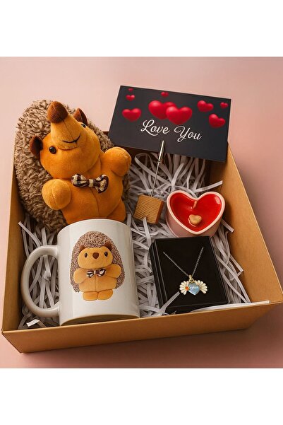 Bk Gift Kişiye Özel Kirpi Ayıcık & Kupa & Mum & Papatya Kolye & Ahşap Not Tut...