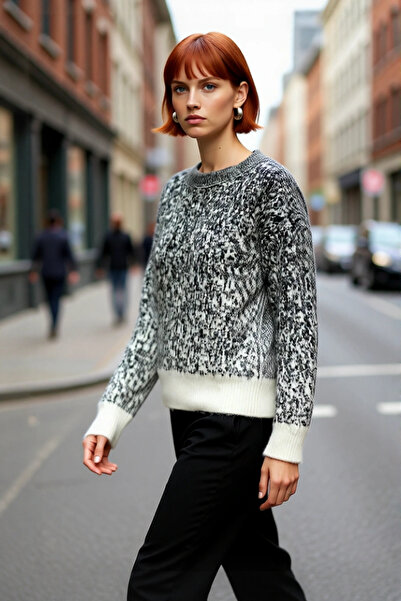 PayBuy Pulover de tricotat gros cu model de piatră, cu decolteu rotund, pentr...