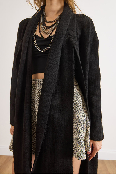 Olalook Women's Black Self-Tie Pocketed Long Cardigan Hrk-19000429