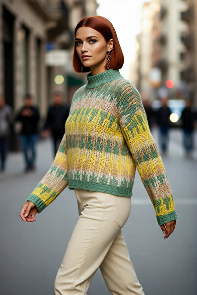 PayBuy Women's Ethnic Patterned Oversized Stand Collar Low Sleeve Thick Crop Knitwear Sweater Winter Casual Chic