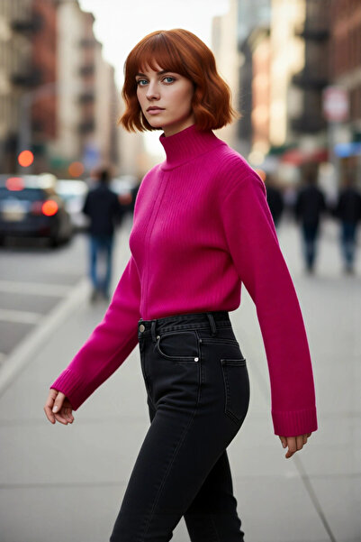 PayBuy Pulover de tricotat crop pentru femei, cu guler înalt, cu mâneci bufan...