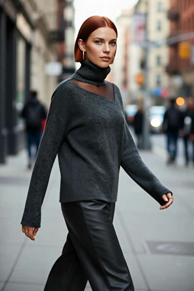 PayBuy Kadın Regular Kalıp Uzun Kol Choker Yaka Tül Detaylı Triko Kazak Soğuk Havalar İçin Şık Kombinler