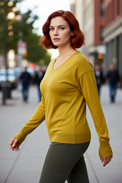 PayBuy سترة نسائية تريكو بياقة على شكل V مع تفاصيل الأزرار، تصميم بأكمام طويل...