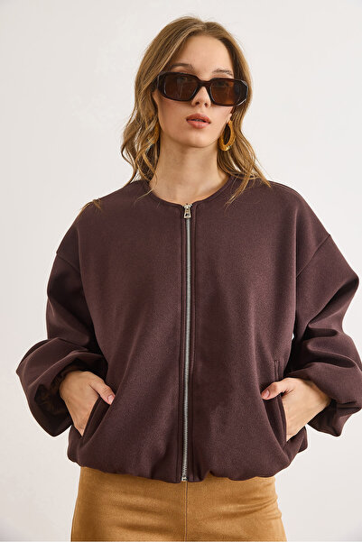 Olalook Γυναικείο καφέ μπουφάν με λαιμόκοψη και επένδυση με τσέπες CKT-19000489