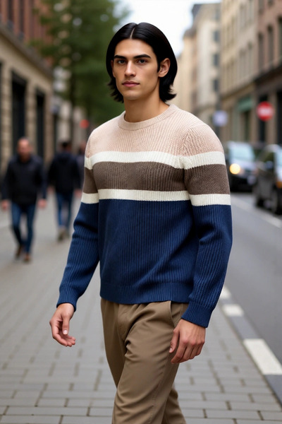 PayBuy Men's Fitted Cut Crew Neck Color Block Thick Knit Sweater Ideal Choice for Casual Outfits.