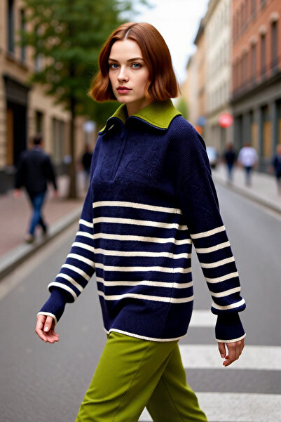 PayBuy Pulover de tricotat pentru femei, oversize, cu dungi, cu jumătate de f...