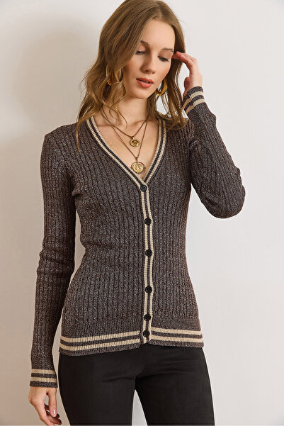 Olalook Women's Brown Stripe Detailed Hair Knitwear Cardigan Hrk-19000428