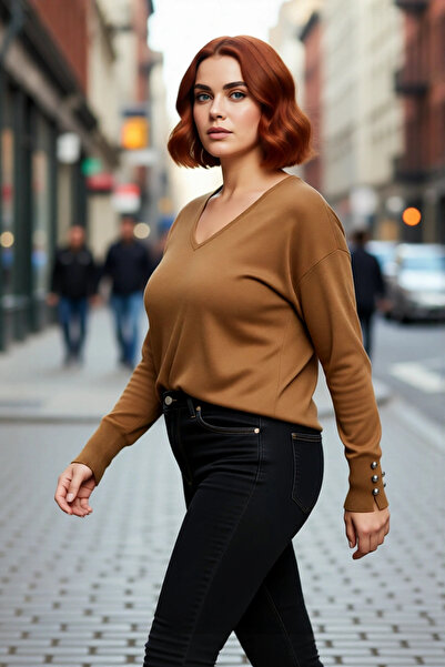 PayBuy سترة نسائية تريكو بياقة على شكل V مع تفاصيل الأزرار، تصميم بأكمام طويل...