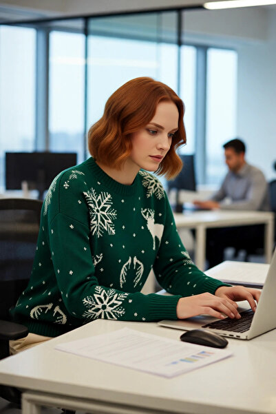 PayBuy Pulover de damă oversize cu decolteu rotund, cu tematică de Crăciun, cu model de fulgi de zăpadă și cerb, tricot din acril de calitate