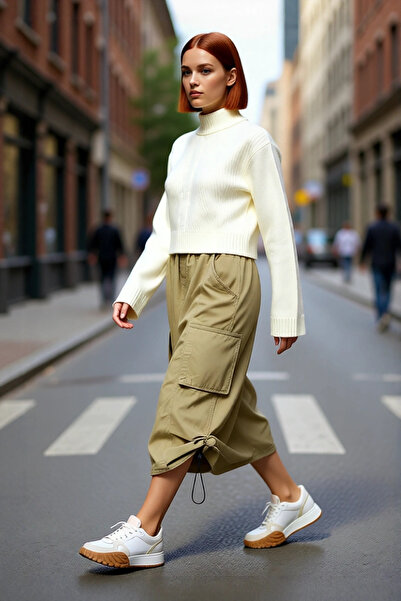 PayBuy Pulover de tricotat crop pentru femei, cu guler înalt, cu mâneci bufan...