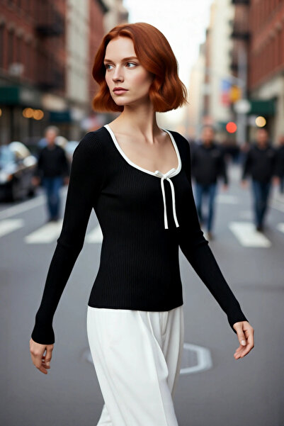 PayBuy Women's Pool Collar Ribbed Knit Sweater with Ribbon Bow Detail Complem...