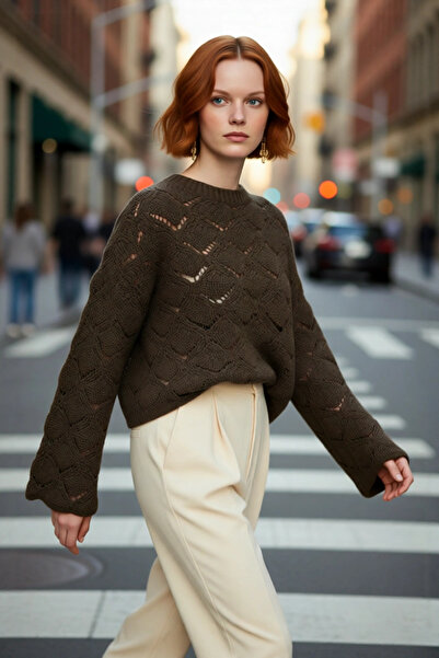 PayBuy Pulover de tricotat oversize ajurat pentru femei, cu gâtul rotund, ideal pentru combinații casual de iarnă și toamnă