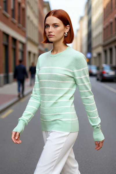 PayBuy سترة نسائية مخططة بلون الكريم بياقة دائرية وقصة ضيقة من التريكو الرقيق...