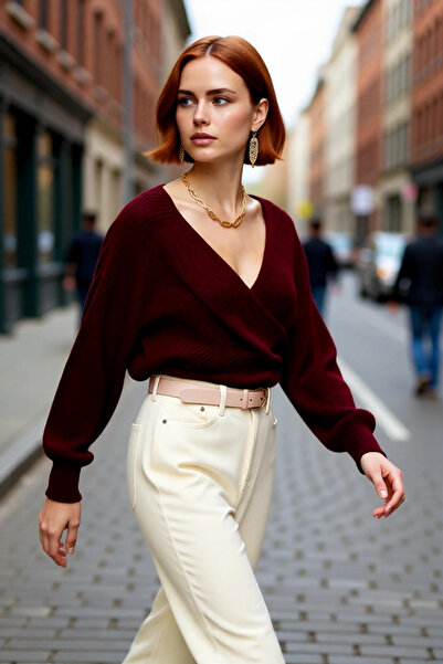 PayBuy Pulover de tricotat din acrilic, cu decolteu în V, cu două pieptări, p...