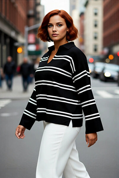 PayBuy سترة نسائية مريحة بقصة فضفاضة وياقة بولو مخططة من الأكريليك، توفر الرا...