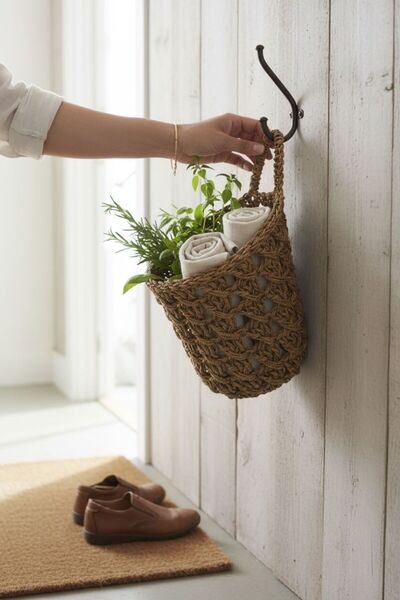 ANJEAHOME Handmade Wall Hanging Basket |   Paper String |   Kraft Color |   18X22 cm |   Decorative & Organizational Accessory