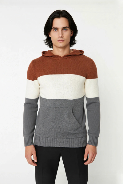 PayBuy Men's Hooded Regular Fit Color Block Kangaroo Pocket Long Sleeve Knit Sweater Special for Your Daily Style