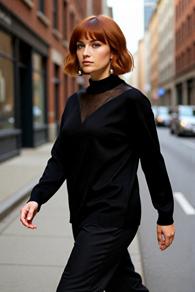 PayBuy Kadın Relaxed Kalıp Düz Desen Dik Yaka Uzun Kol Triko Kazak Tül Detaylı Şık ve Modern Tasarım