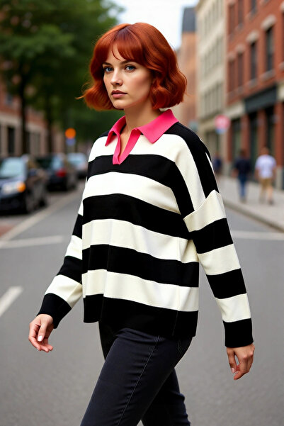 PayBuy Women's Relaxed Fit Polo Neck Striped Knit Sweater Drop Shoulder Comfo...