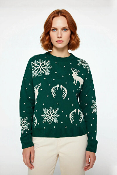 PayBuy Pulover de damă oversize cu decolteu rotund, cu tematică de Crăciun, cu model de fulgi de zăpadă și cerb, tricot din acril de calitate