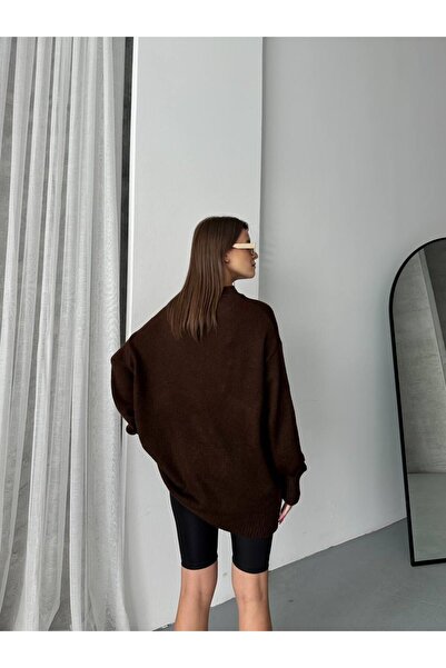 Store Kadın Kahverengi Sıfır Yaka Triko Kazak Tunik