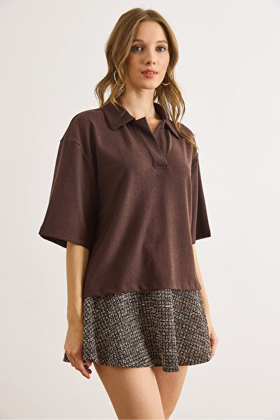 Olalook Women's Brown Polo Neck Flowy Soft Blouse Blz-19003140