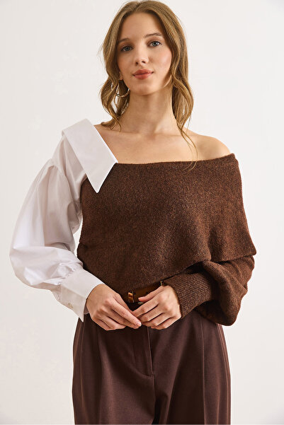 Olalook Дамски кафяв поплинен пуловер с детайли KZK-19001029