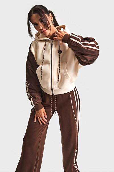 its basic Kadın Bej Kahve Renk w5-16 Örme Kumaş Polar ve Eşofman 2'li Tasarım Kombin Takım