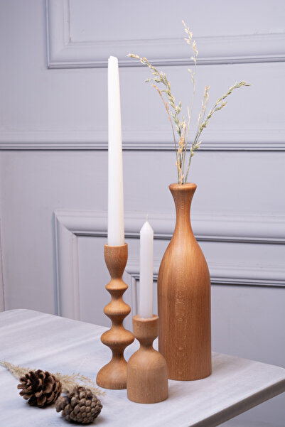 SKYWOOD Doğal Ahşap Mumluk vazo set karma