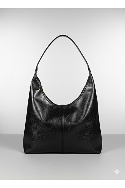 KISCHE Women's Shoulder Bag Wrinkled Leather Black Zipper Lining Shoulder Bag