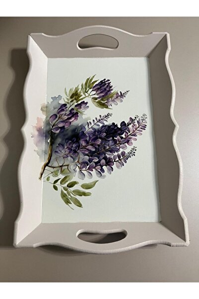 DERYA DESİNG ART Flower Patterned Hand Painted Wooden Tea-Coffee Tray, Presentation Tray 41X32Cm
