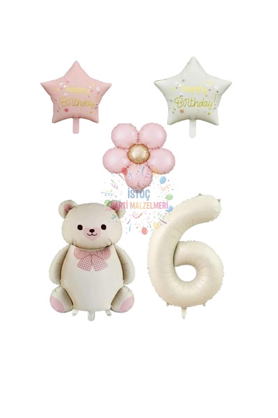 İSTOÇ PARTİ Cream Color Number and Teddy Bear Starry Daisy Foil Balloon Set A...