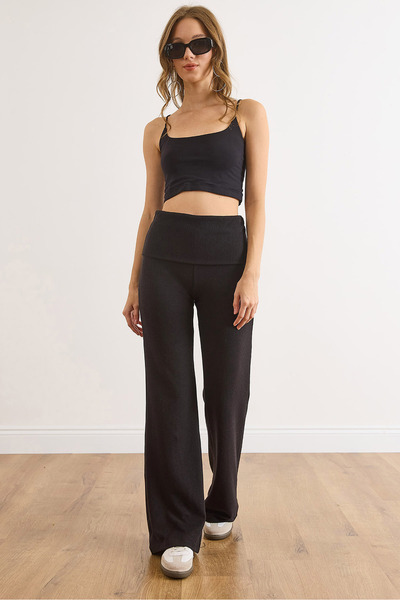 Olalook Kadın Siyah Beli Katlamalı Yumoş Dökümlü Pantolon PNT-19000373