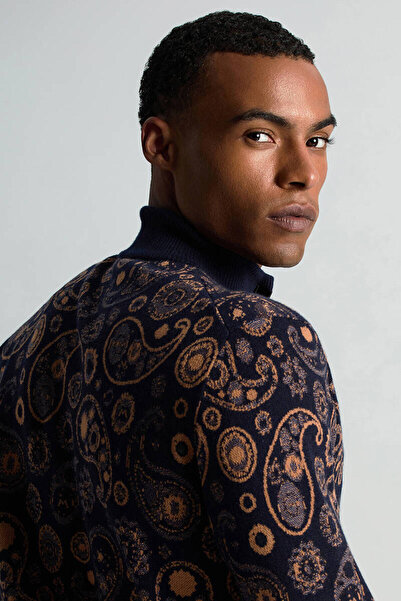 Hemington Saf Kaşmir Paisley Desen Lupetto Yaka Lacivert Kazak