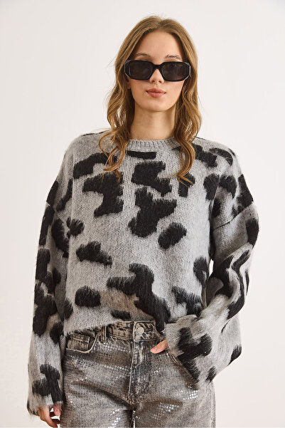 Olalook Kadın Gri Bisiklet Yaka Leopar Crop Triko Kazak KZK-19001032