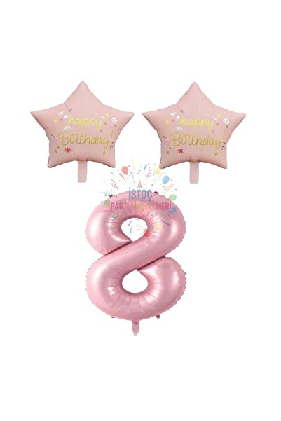 İSTOÇ PARTİ Pink Color Number and Happy Birthday Written Star Foil Balloon Se...