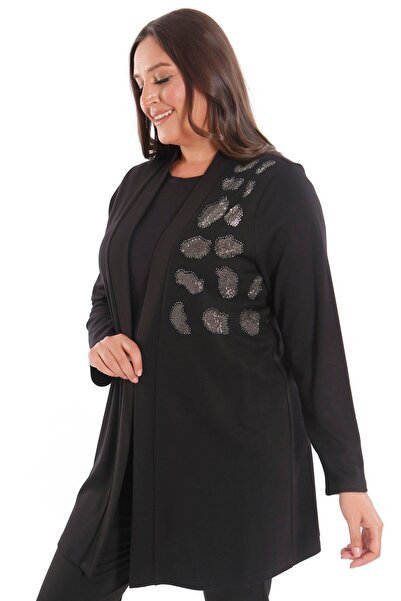 Metpoint Trend42Plus Plus Size Stone Printed Long Black Cardigan