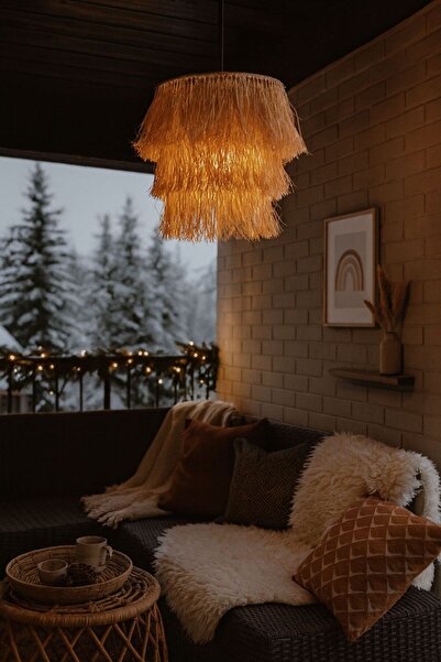 Home Bohem Handmade Üç Katlı Doğal Rafya Hasır Sarkıt Avize