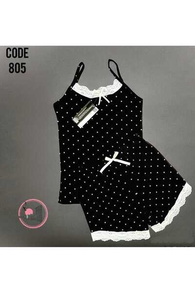 VAJESTO Kadın Siyah İp Askılı Şortlu Pijama Takım Dantel Detaylı Gecelik Çeyizlik Desenli Yumuşacık
