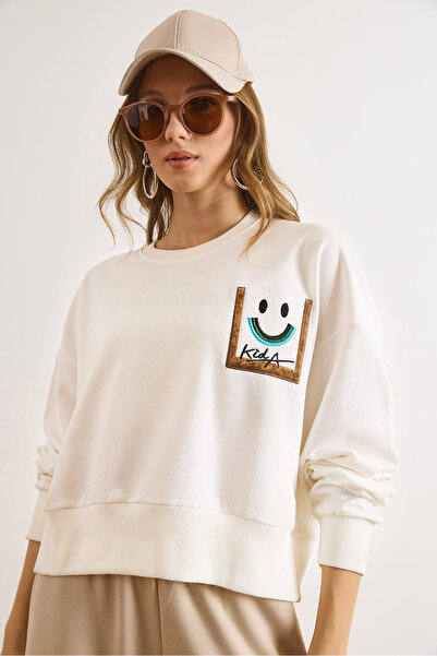 Olalook Hanorac alb pentru femei, cu detaliu cu fața zâmbitoare, fără șarzi, SWT-19000764